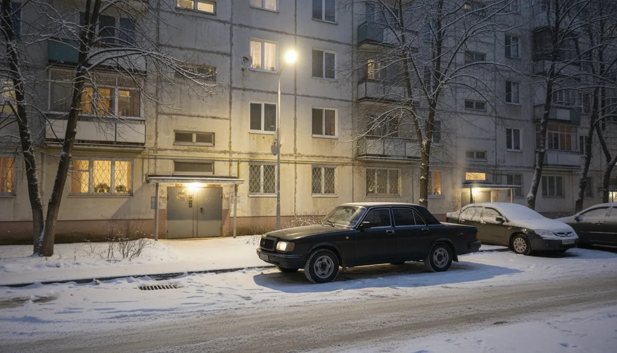Тёмный автомобиль у подъезда многоквартирного дома, зимний нижегородский двор, вечернее освещение